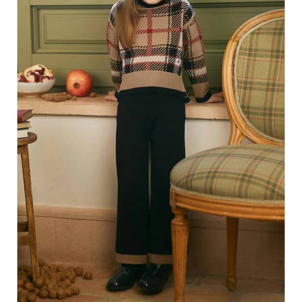 NEW ABEL & LULA plaid sweater and pant set in tan plaid black